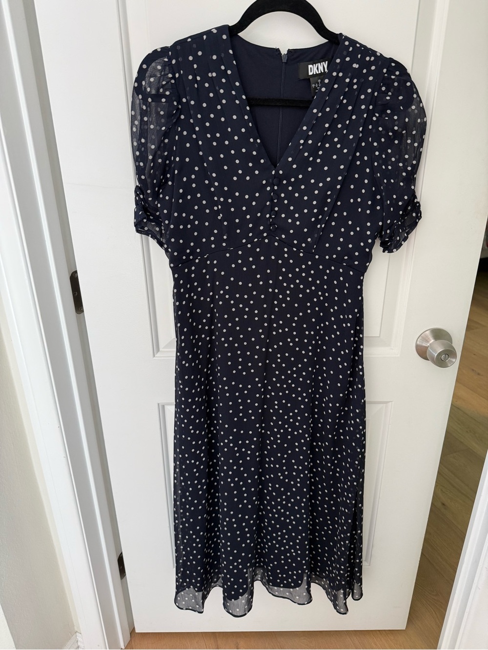 DKNY Navy and White Polka Dot Midi Dress